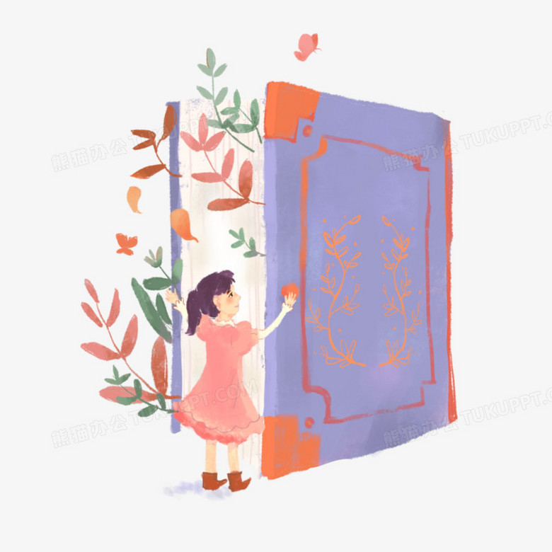 卡通手绘女孩翻开知识的大门免抠创意插画素材