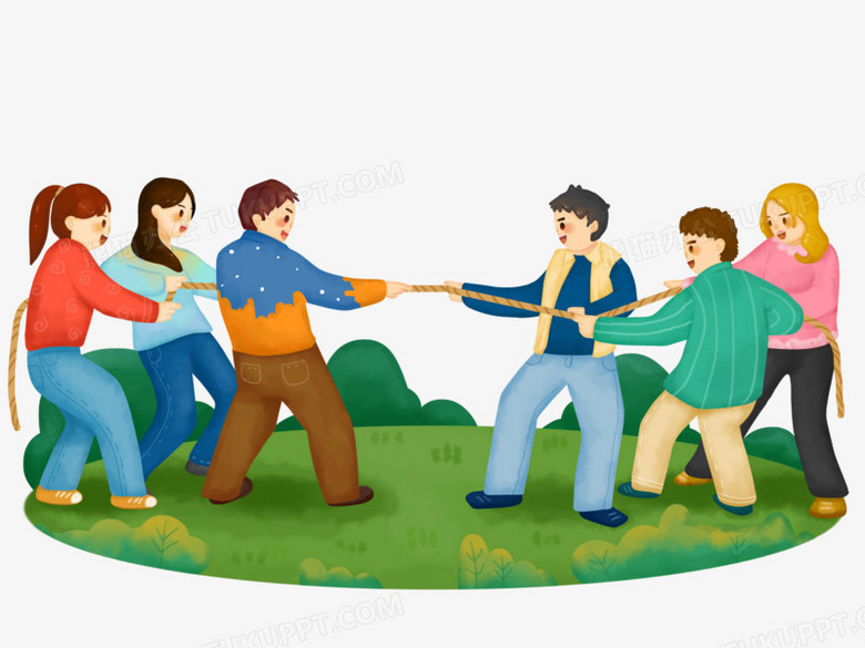 手绘六个成年人拔河卡通免抠素材