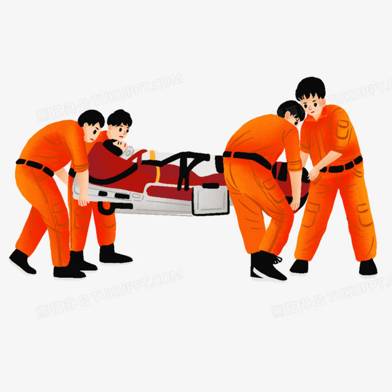 卡通手绘医护人员抬担架救援场景素材