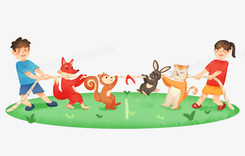 手绘卡通孩子和动物拔河比赛免抠素材
