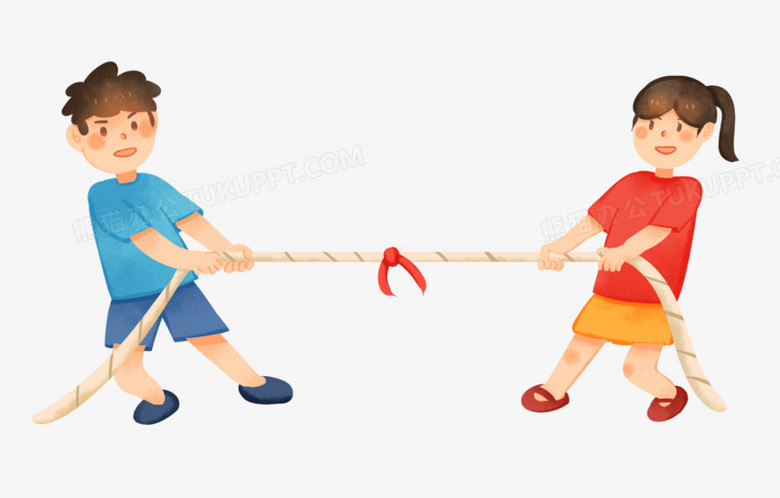 手绘卡通男孩和女孩拔河比赛免抠素材