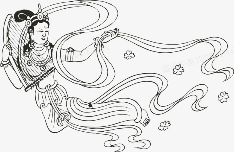 本作品全称为《黑色卡通风镂空敦煌飞天线稿创意元素》,使用adobe