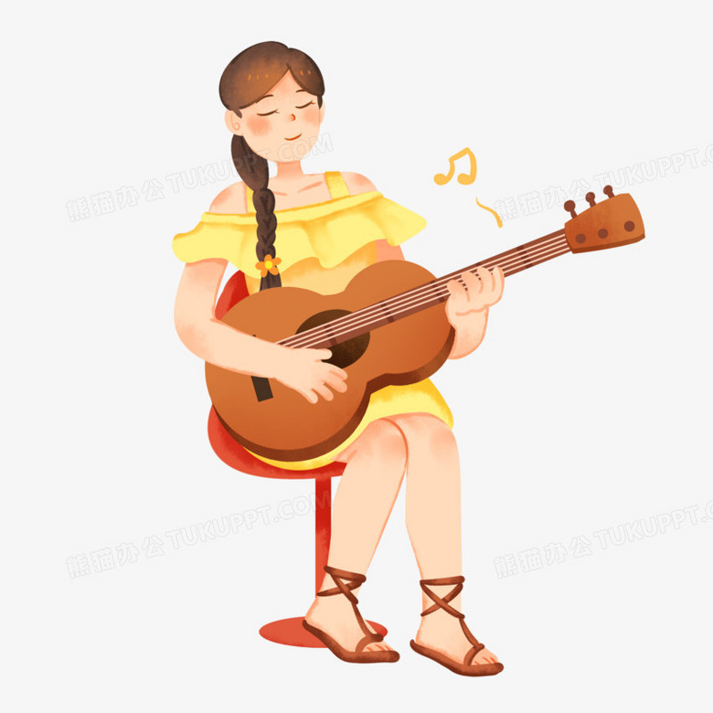 卡通手绘弹吉他的女孩子免抠元素