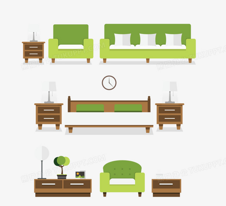 本作品全称为《棕绿色卡通风家庭客厅沙发布局摆放设计元素》,使用