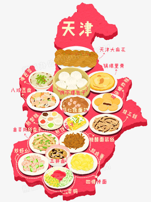 本作品全称为《红黄色卡通风天津风地方著名美食元素,使用adobe