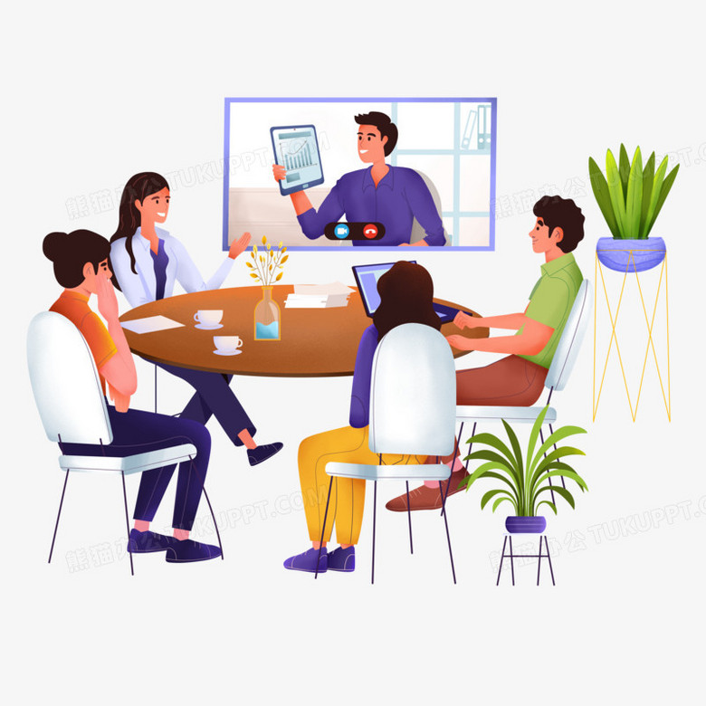 在整个配色上使用多种色彩作为基础色调,设计了视频开会讨论场景,整体