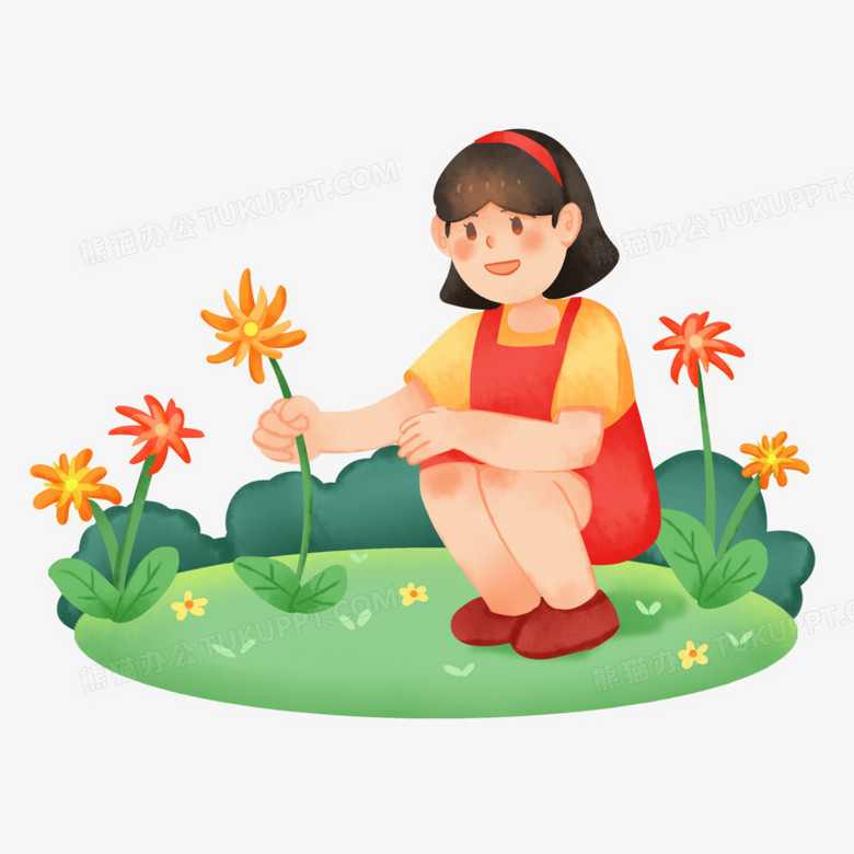 手绘卡通小女孩摘花免抠素材