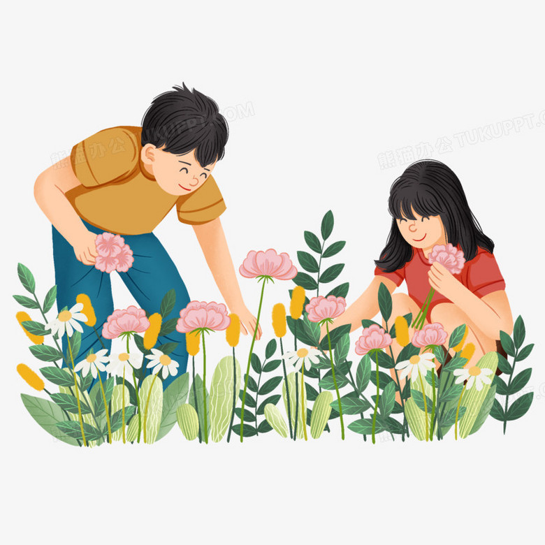 本作品全称为《卡通手绘两位摘花的小朋友元素》,使用 adobe