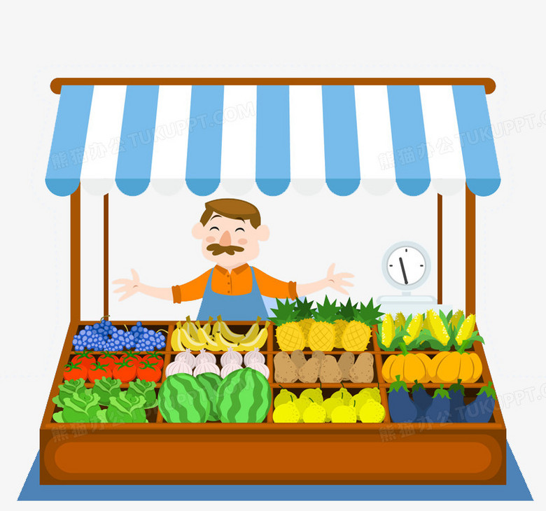 本作品全称为《彩色卡通风卖水果蔬菜的小摊和老板元素》,使用adobe