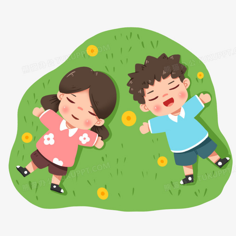 卡通手绘两个小孩躺草地睡觉免抠素材
