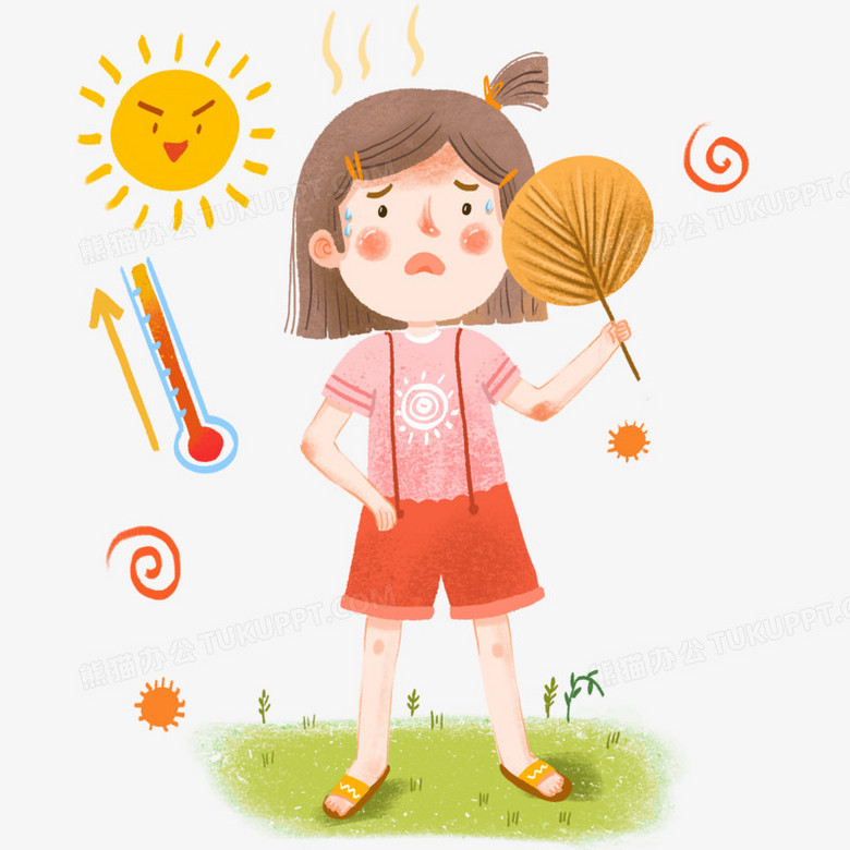 本作品全称为《卡通手绘炎热夏天女孩扇扇子元素》,使用 adobe
