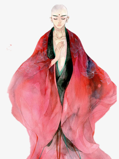 本作品全称为《红色卡通手绘穿袈裟的和尚创意元素》,在整个配色上