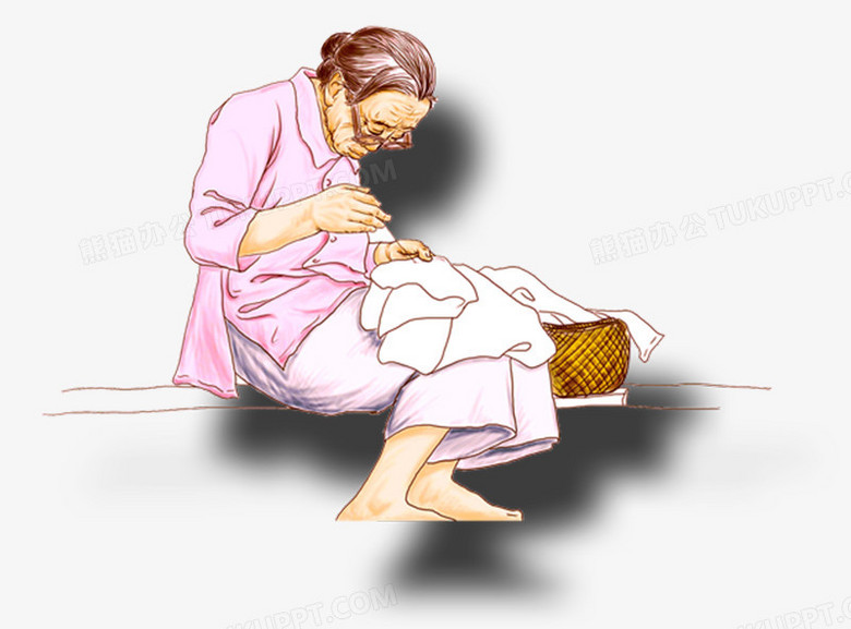 本作品全称为《粉色卡通手绘做针线活的母亲创意元素》,在整个配色上