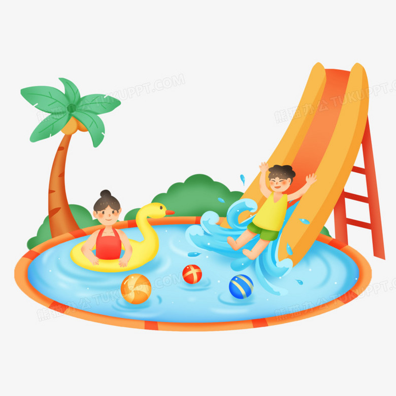 上使用多种色彩作为基础色调,设计了玩水滑梯的孩子,整体呈现卡通风