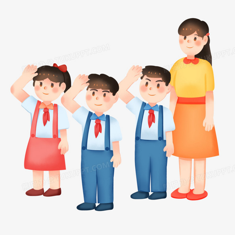 手绘卡通小学生和老师参加升旗仪式免抠素材