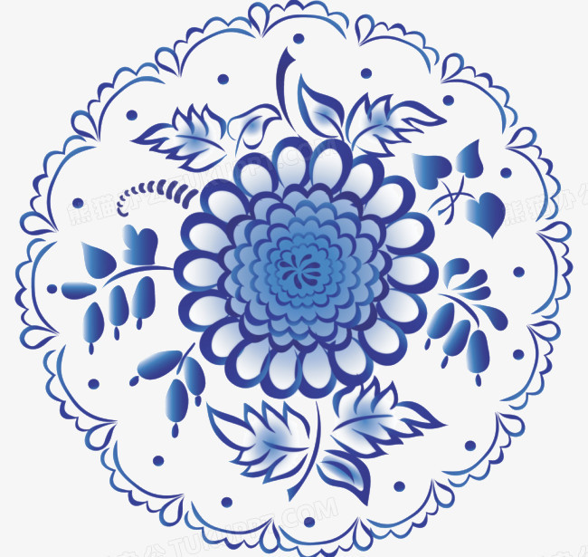 本作品全称为《蓝色复古风精美圆形青花瓷花纹创意元素》,在整个配色
