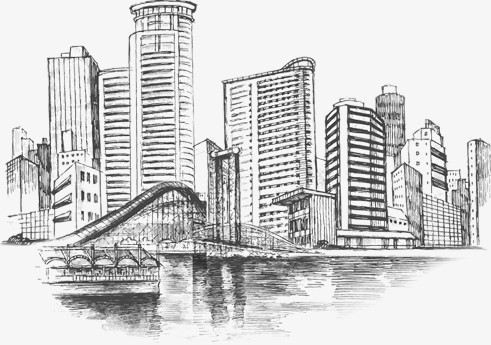 本作品内容为手绘现代城市建筑,          