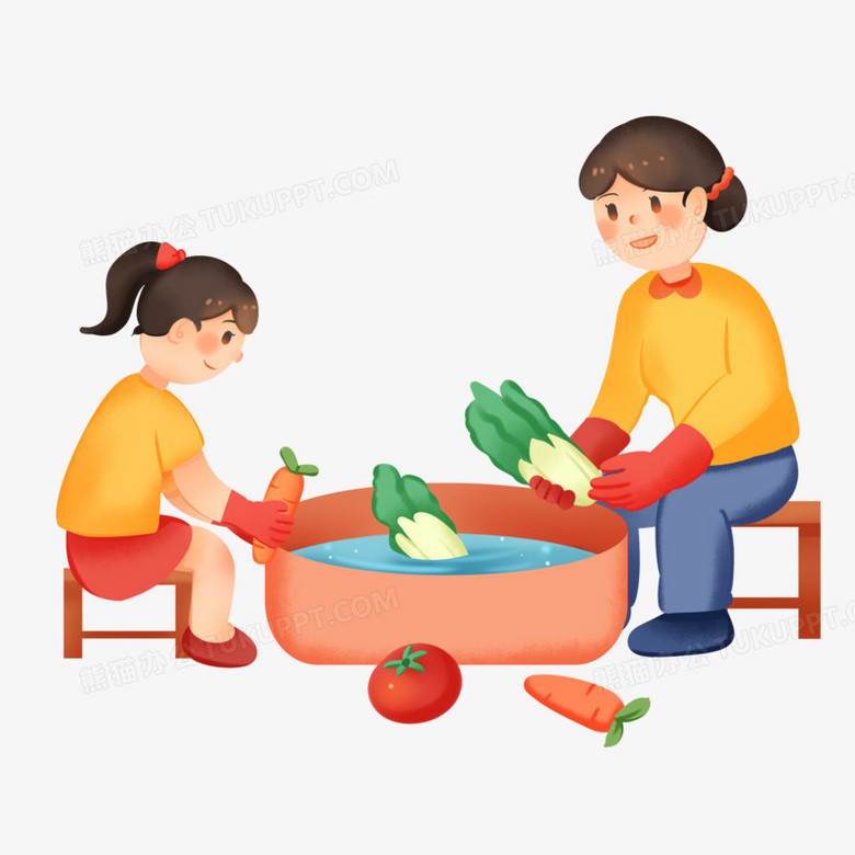 手绘卡通妈妈和女儿一起洗菜免抠素材