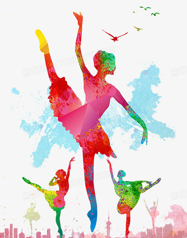 本作品全称为《彩色水彩风舞动青春舞出精彩人物剪影元素》,在整个