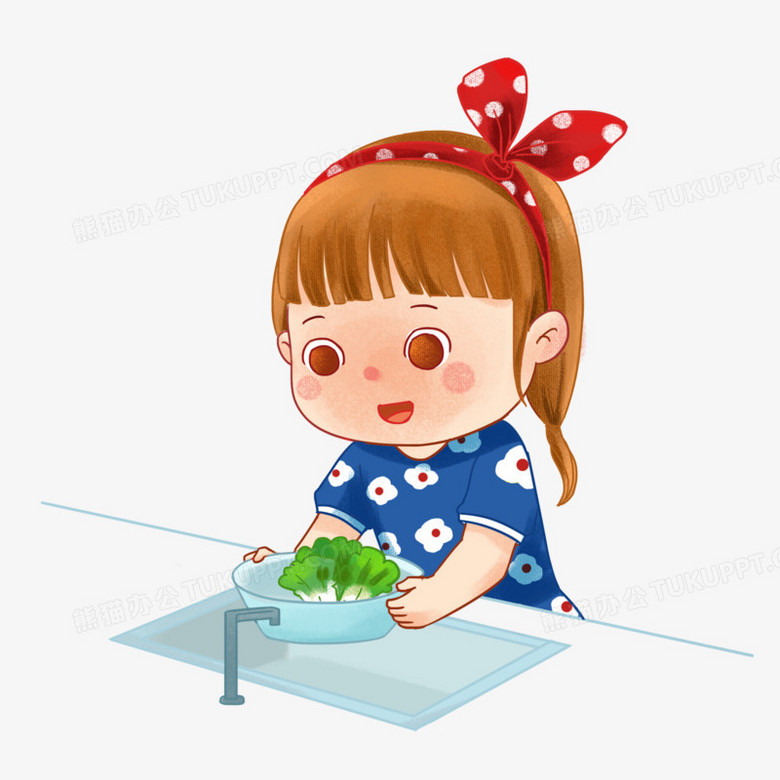 手绘卡通小朋友在家里洗菜免抠元素