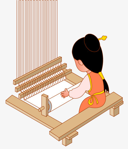 在整个配色上使用黄色作为基础色调,设计了织女织布,卡通风效果的