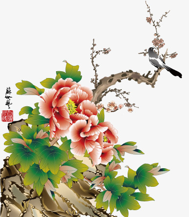 卡通手绘花开富贵牡丹喜鹊