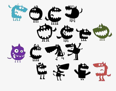 在整个配色上使用多种色彩作为基础色调,设计了一群大嘴巴怪兽,卡通