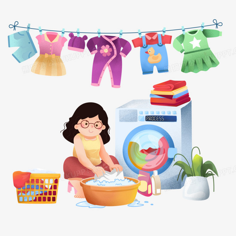 手绘卡通妈妈洗衣服元素