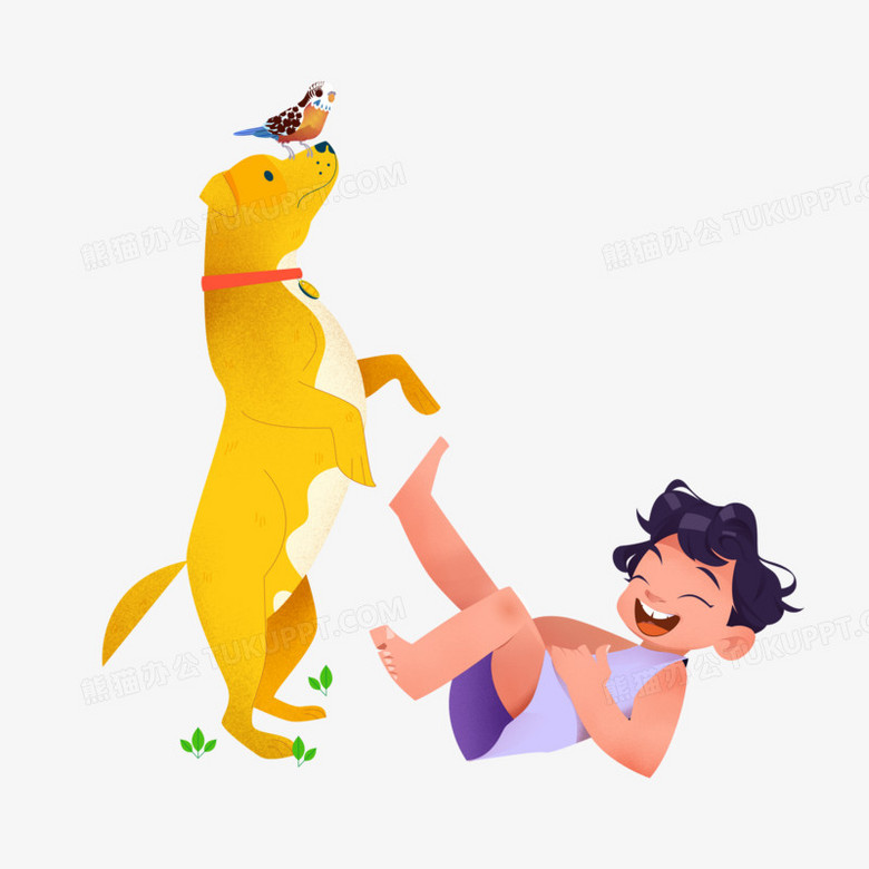 手绘卡通狗子与主人温馨场景元素