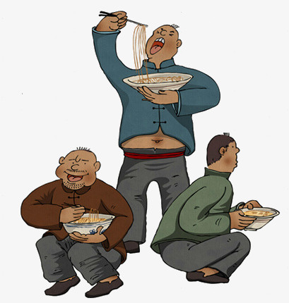 本作品全称为《彩色卡通手绘豪爽吃面的人创意元素》,在整个配色上