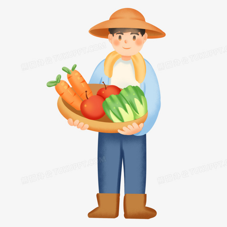 手绘卡通农民捧着一筐果蔬免抠素材