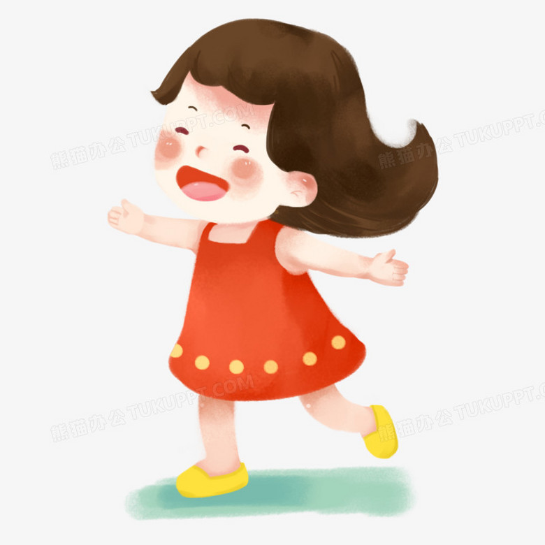卡通可爱小女孩穿红裙奔跑元素