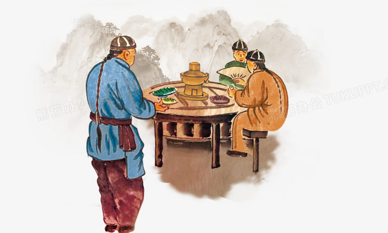 本作品全称为《棕蓝色中国风古代人物下饭馆吃饭元素》,使用 adobe