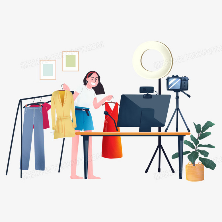 手绘卡通直播带货买衣服免抠元素