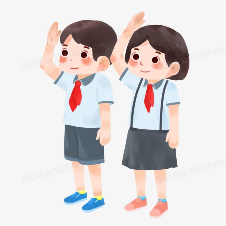 卡通手绘男学生和女学生立正敬礼