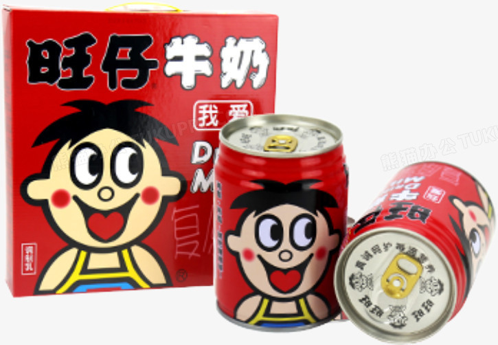 本作品全称为《红色写实风一箱罐装的旺仔牛奶元素》,在整个配色上