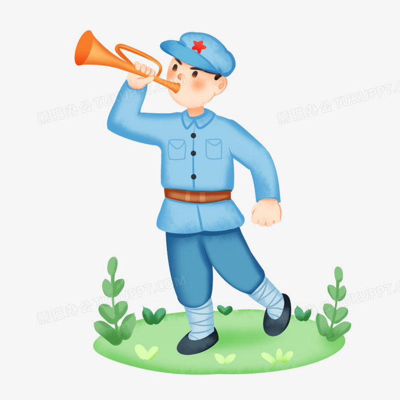 手绘卡通红军吹号角免抠素材