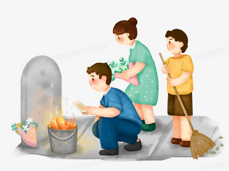 手绘三人拜祭祭祀扫墓免抠素材
