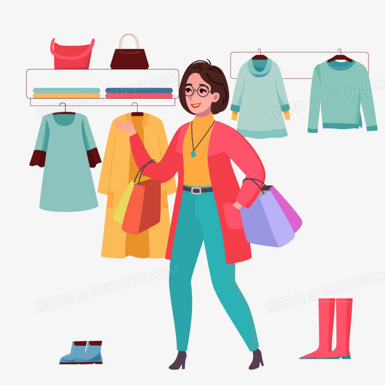 手绘卡通时尚女性商场购物素材