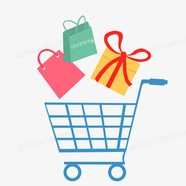 卡通手绘堆满物品的购物车素材