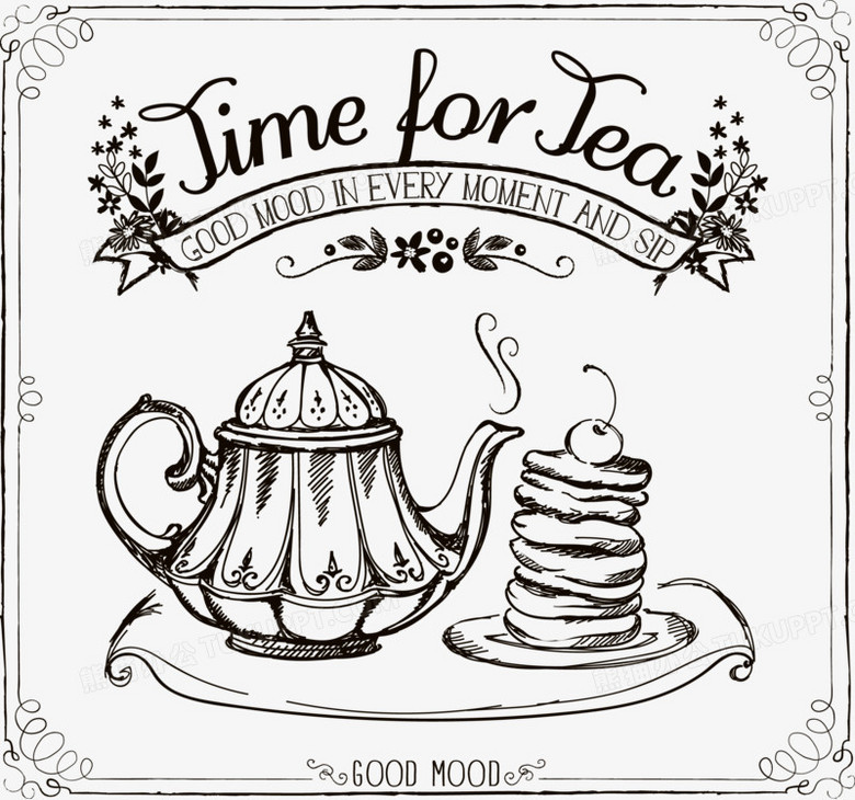 本作品内容为手绘下午茶和点心,           