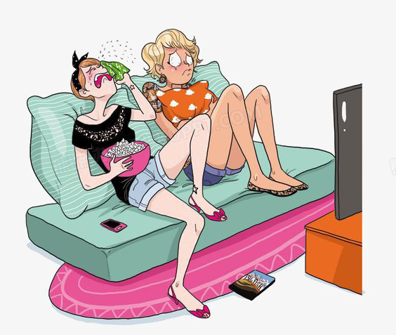 设计了在家看电视吃零食的宅女,整体呈现出了卡通风