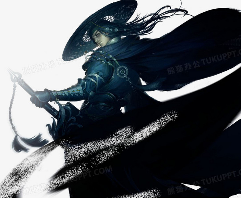 带斗笠的黑衣侠客古风手绘