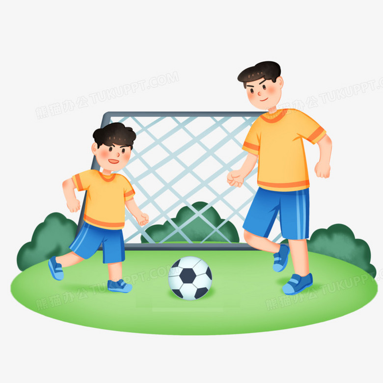 手绘卡通爸爸带孩子踢足球免抠素材