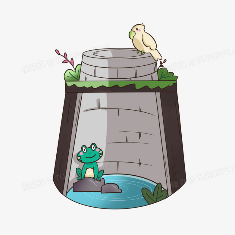 卡通青蛙在井底跟井口的小鸟对话素材