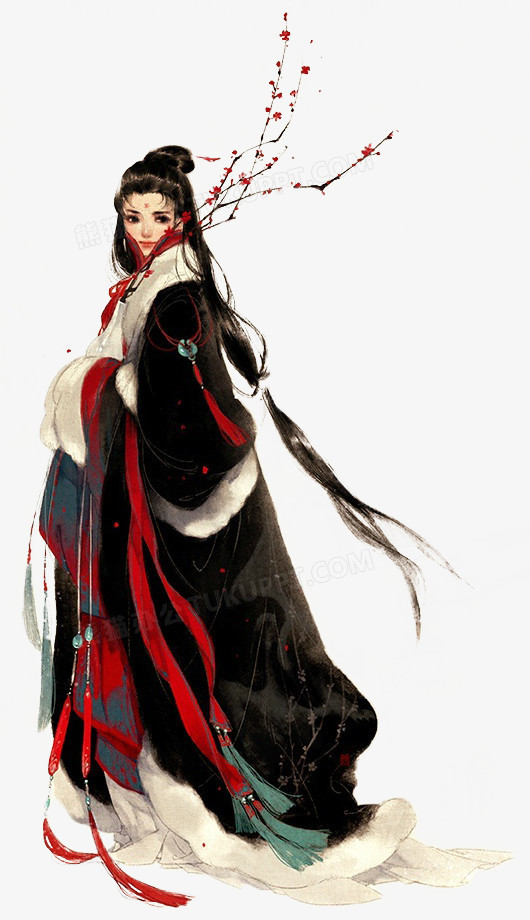 黑色毛皮披风梅花少女古风手绘