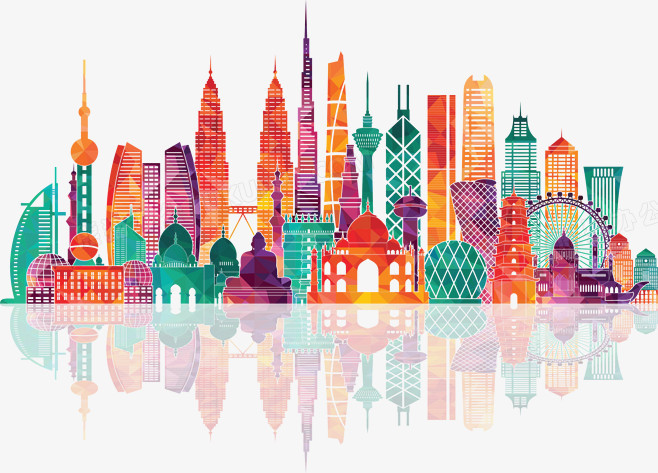 本作品全称为《彩色扁平手绘五颜六色的城市建筑元素》,在整个配色上