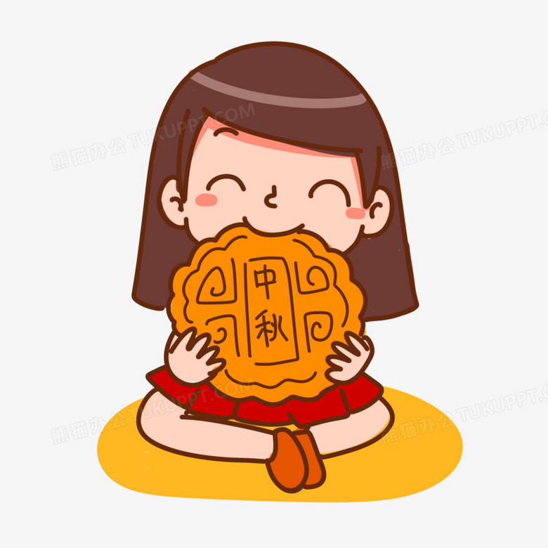 手绘卡通女孩吃月饼素材