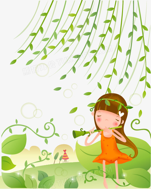 卡通清新小女孩柳树