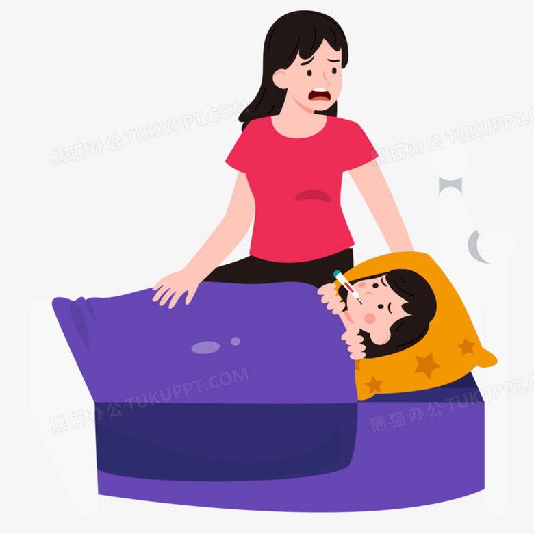 手绘卡通妈妈照顾生病的孩子素材